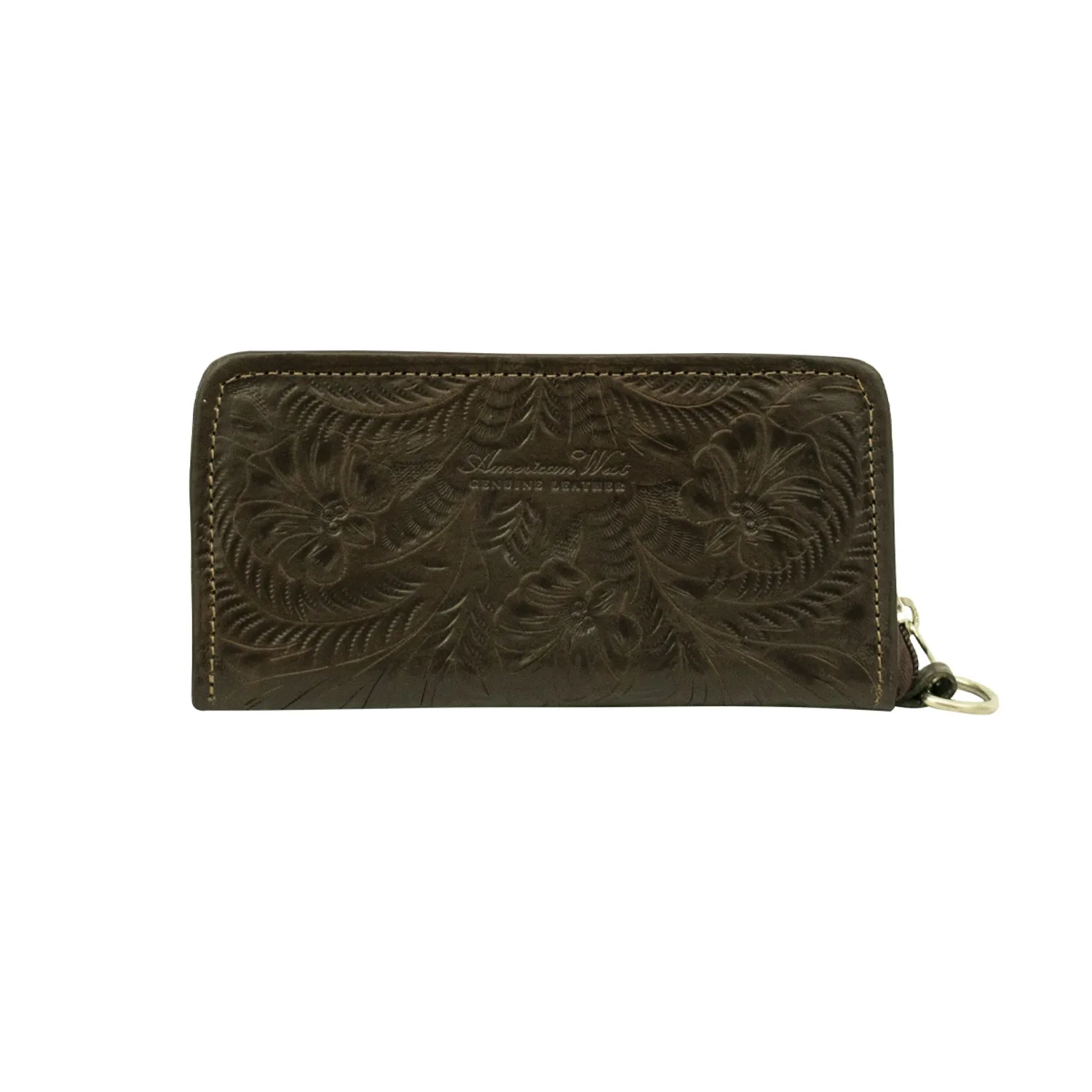 American West Womens Hand Tooled Chocolate Brown Leather Zip Around Wallet