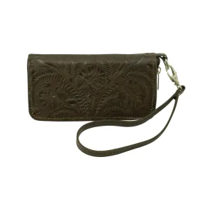 American West Womens Hand Tooled Chocolate Brown Leather Zip Around Wallet