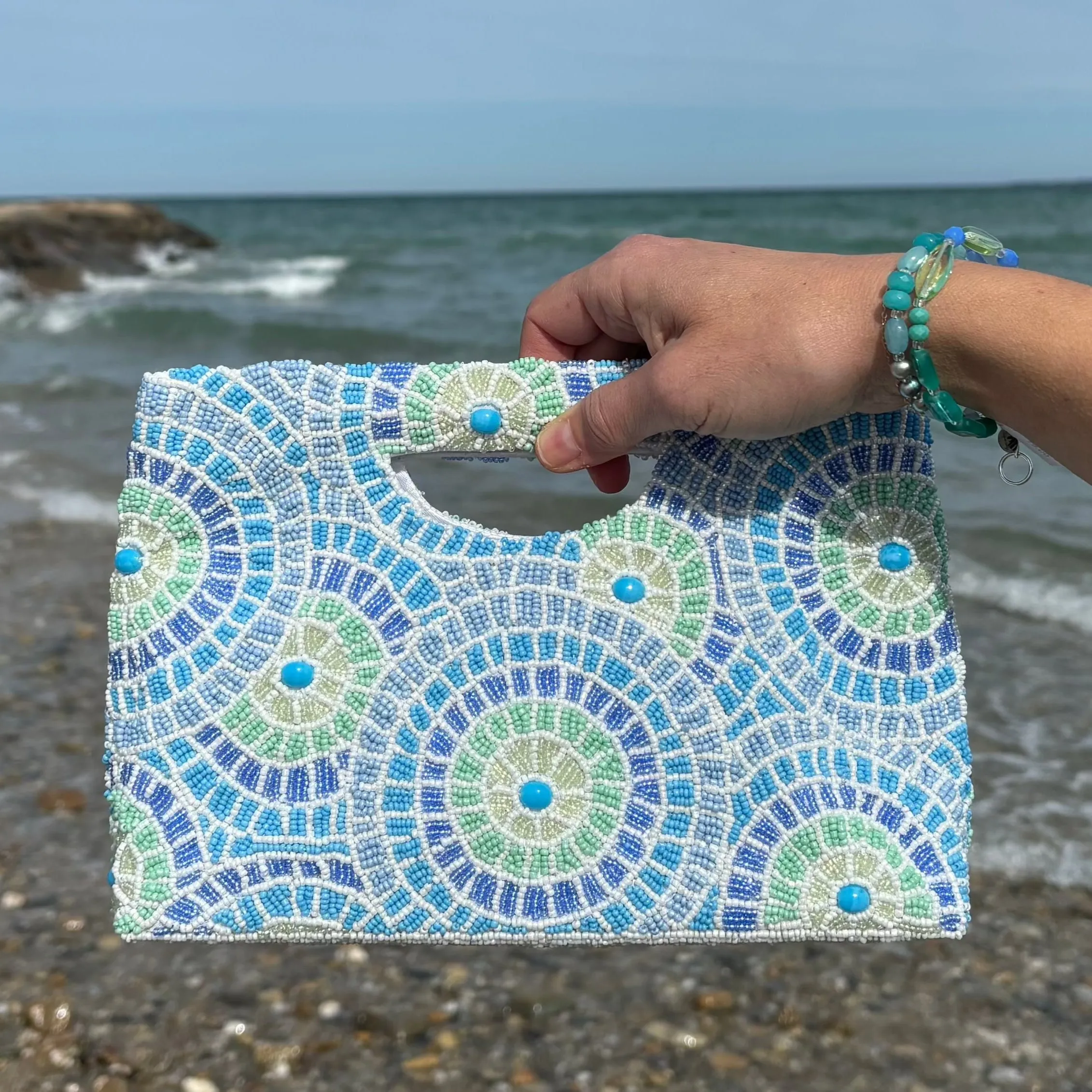 Beaded Statement Clutch, Seaglass Radiant Circle Mosaic, Bespoke Design