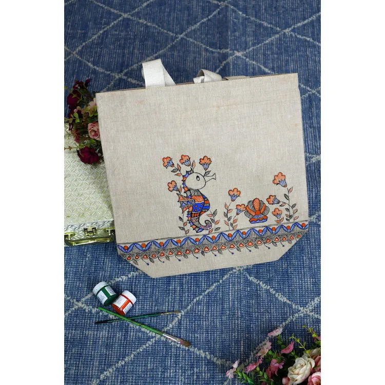 Beige - Madhubani Magic Handpainted Cotton Jute Tote Bag