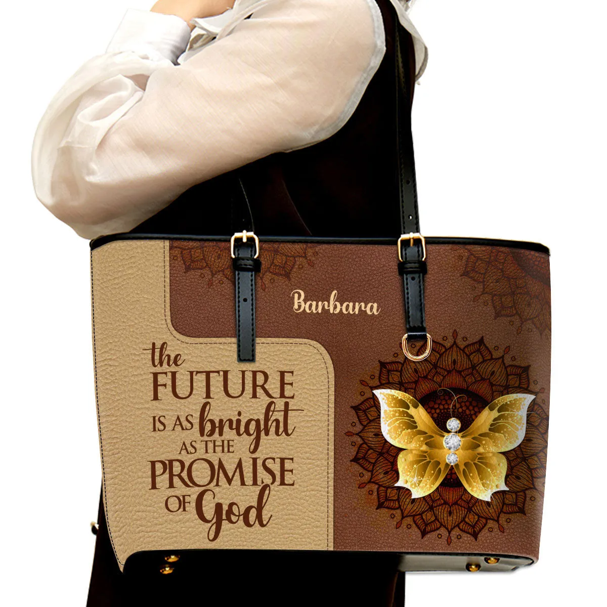 Butterfly And Flower The Future Is As Bright As The Promises Of God Personalized Large Leather Tote Bag - Christian Gifts For Women