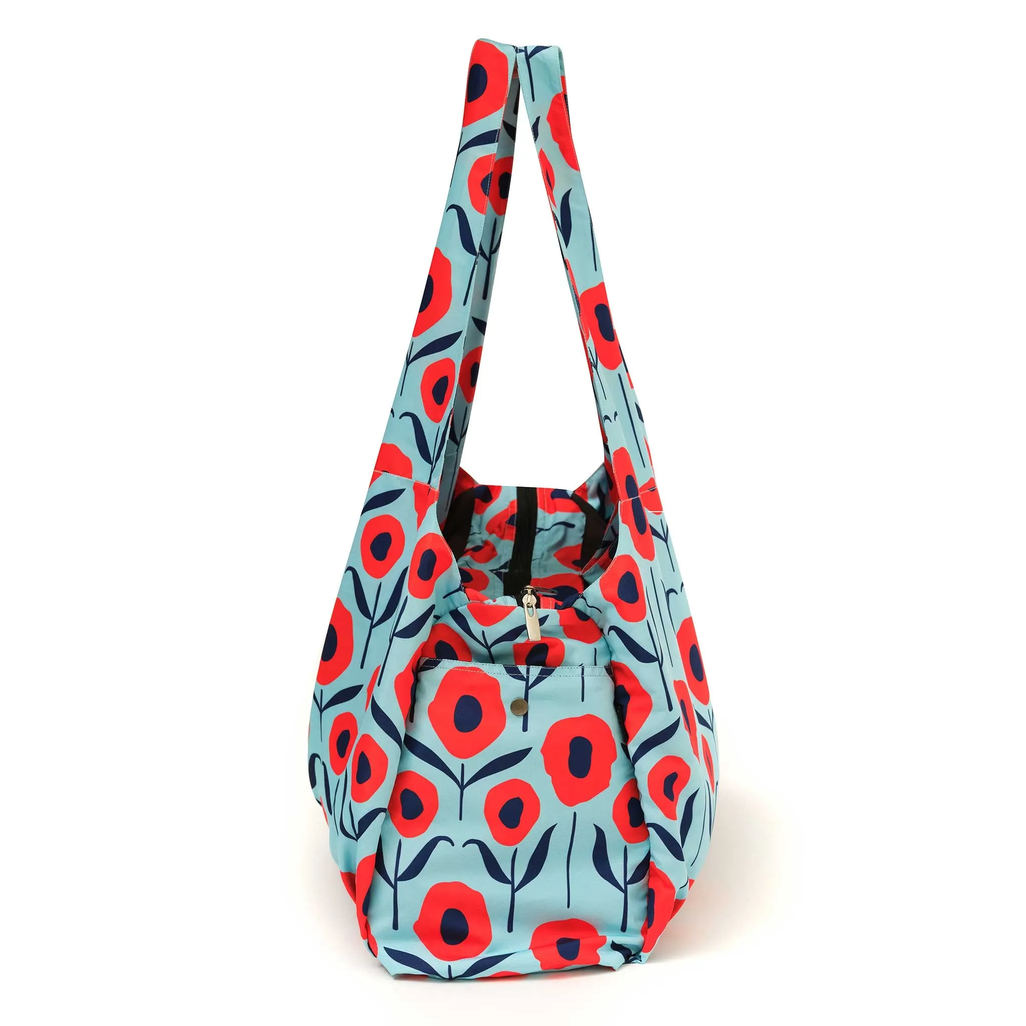 Country Poppies: Multi-Pocket, Statement Tote Bag in Aqua