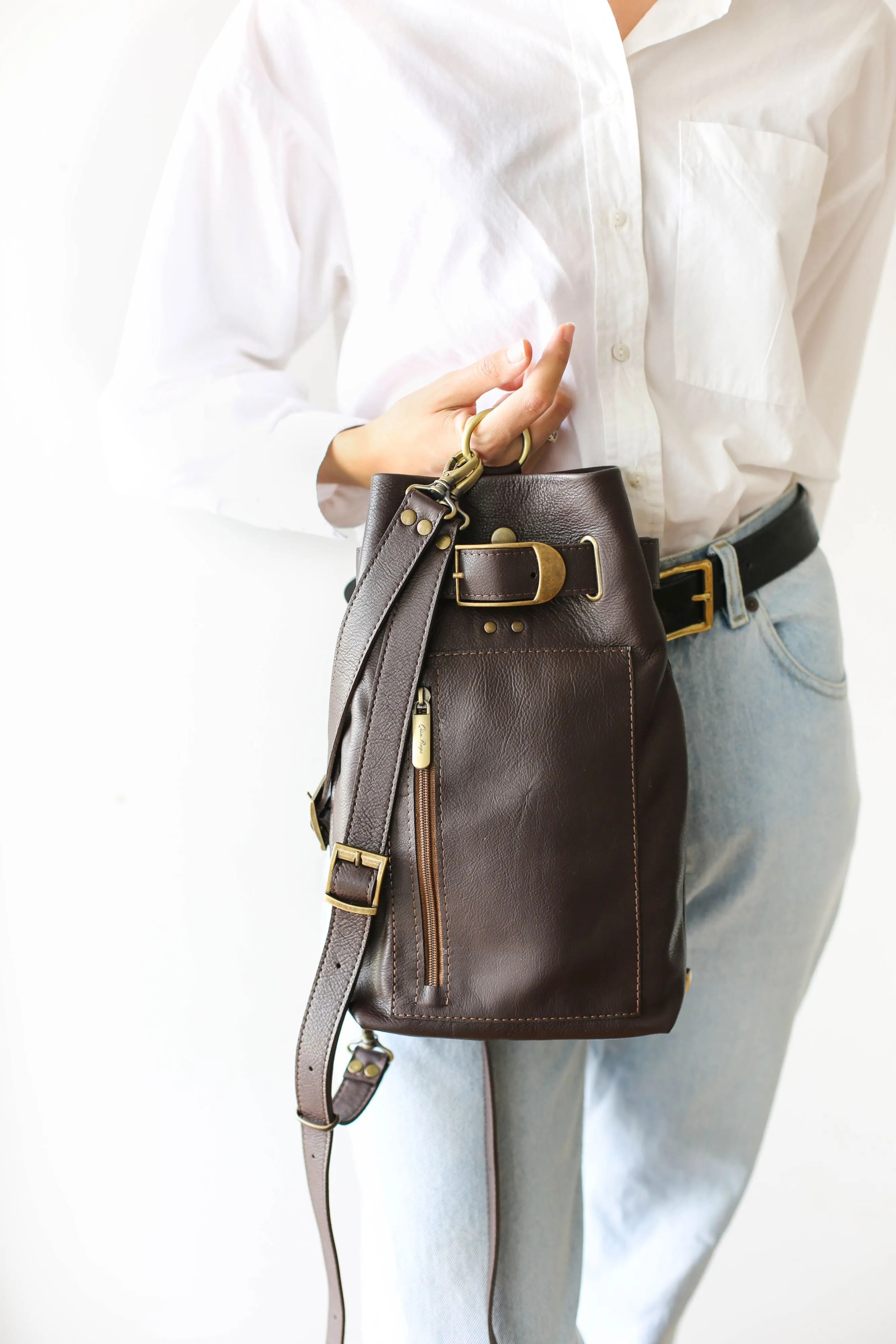 Dark Brown Leather Sling Backpack