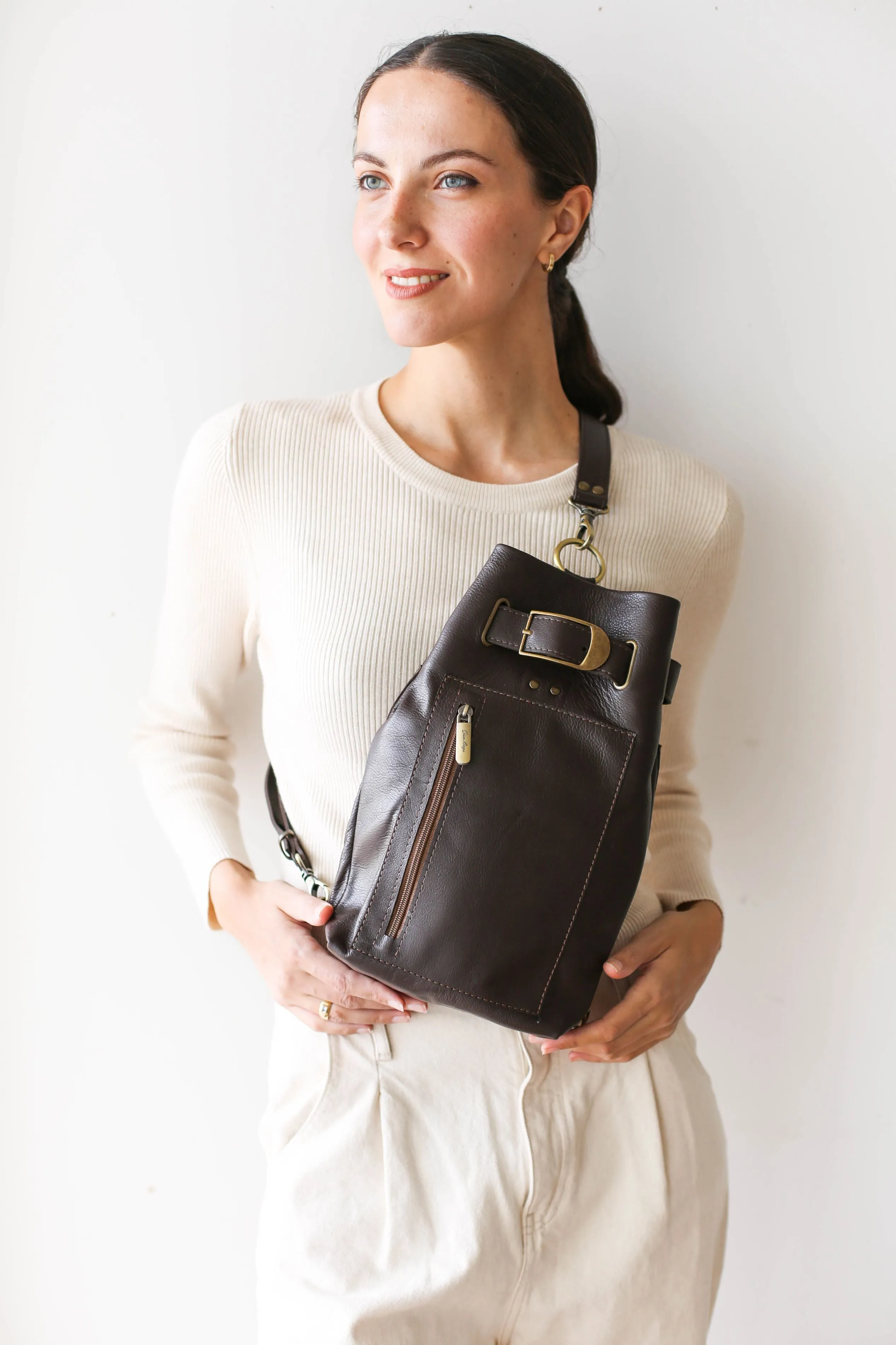 Dark Brown Leather Sling Backpack