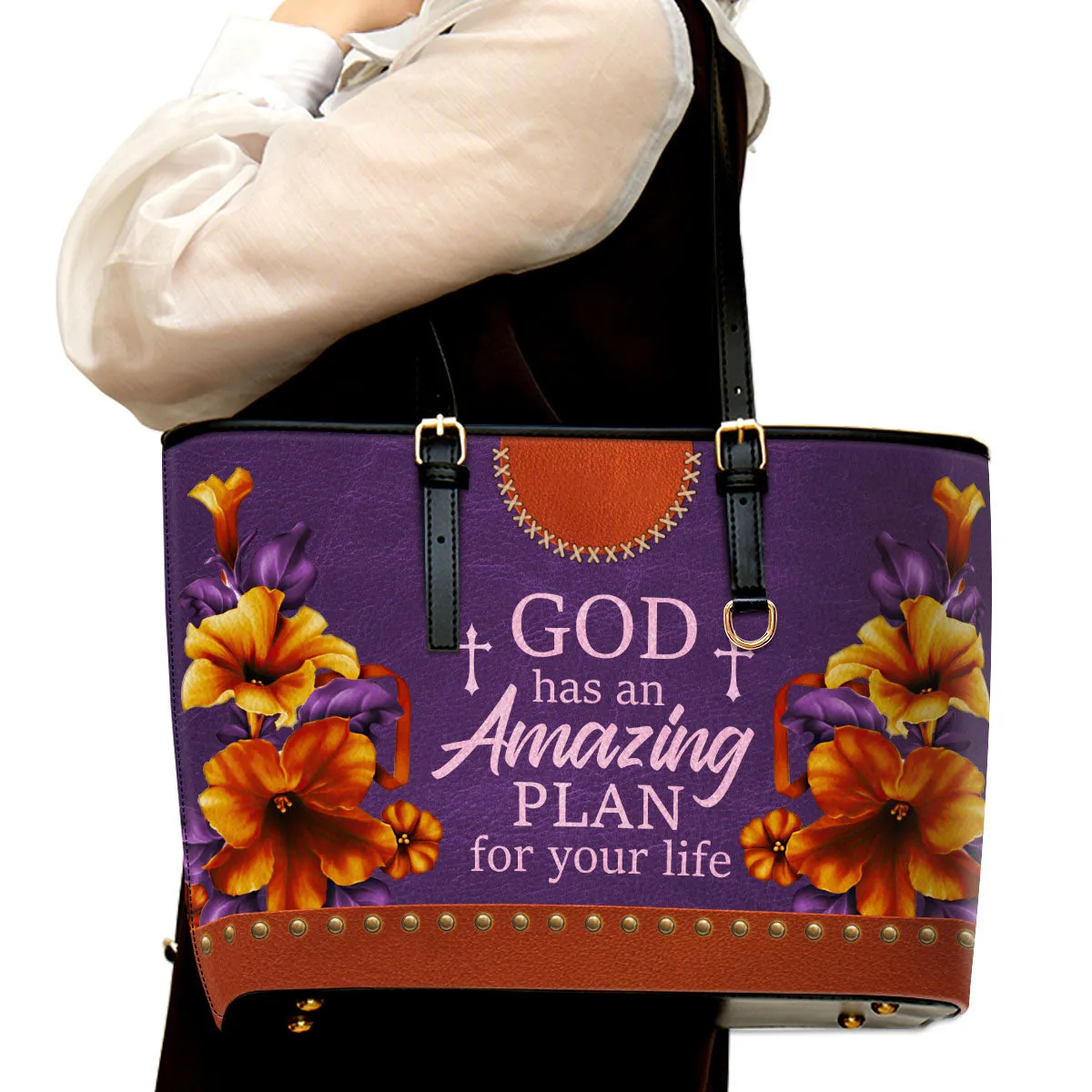 God Has An Amazing Plan For Your Life Large Leather Tote Bag Lily And Cross - Christ Gifts For Religious Women - Best Mother's Day Gifts