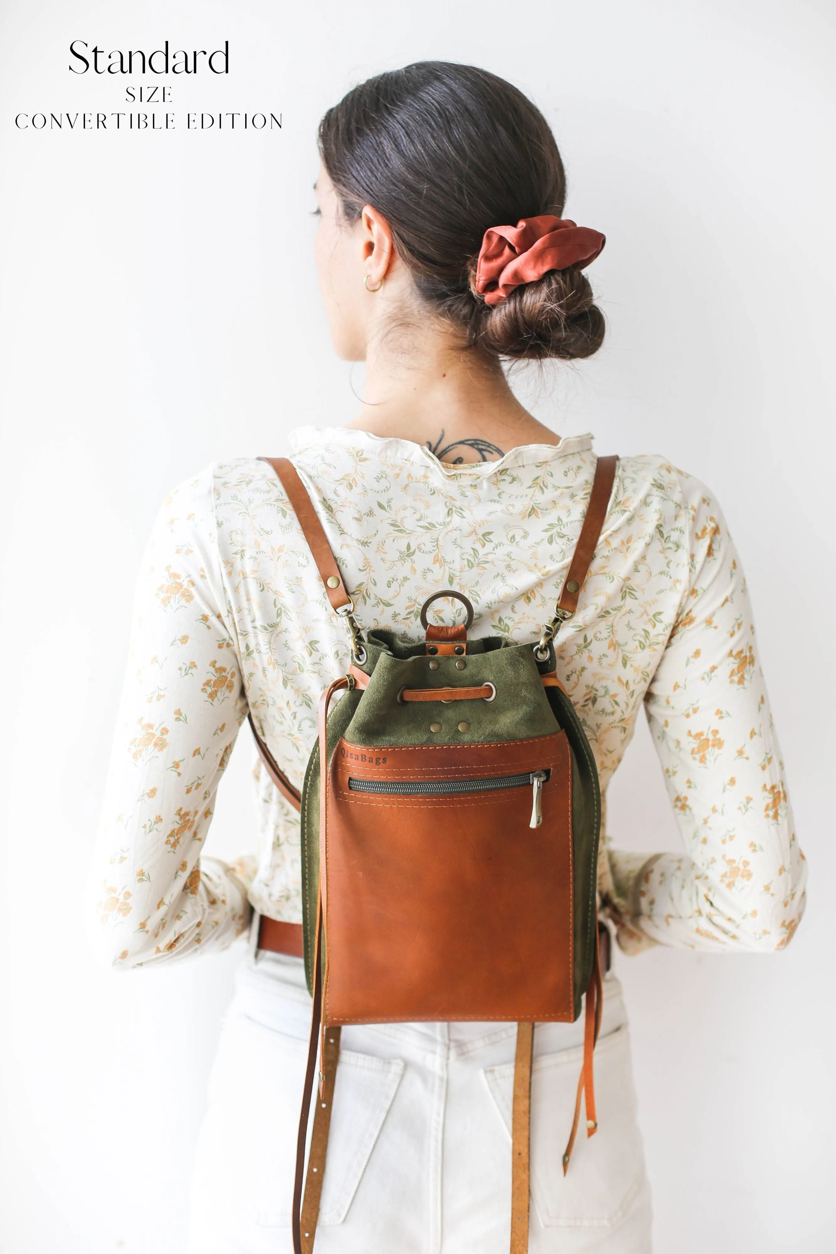 Green Suede Leather Backpack Purse