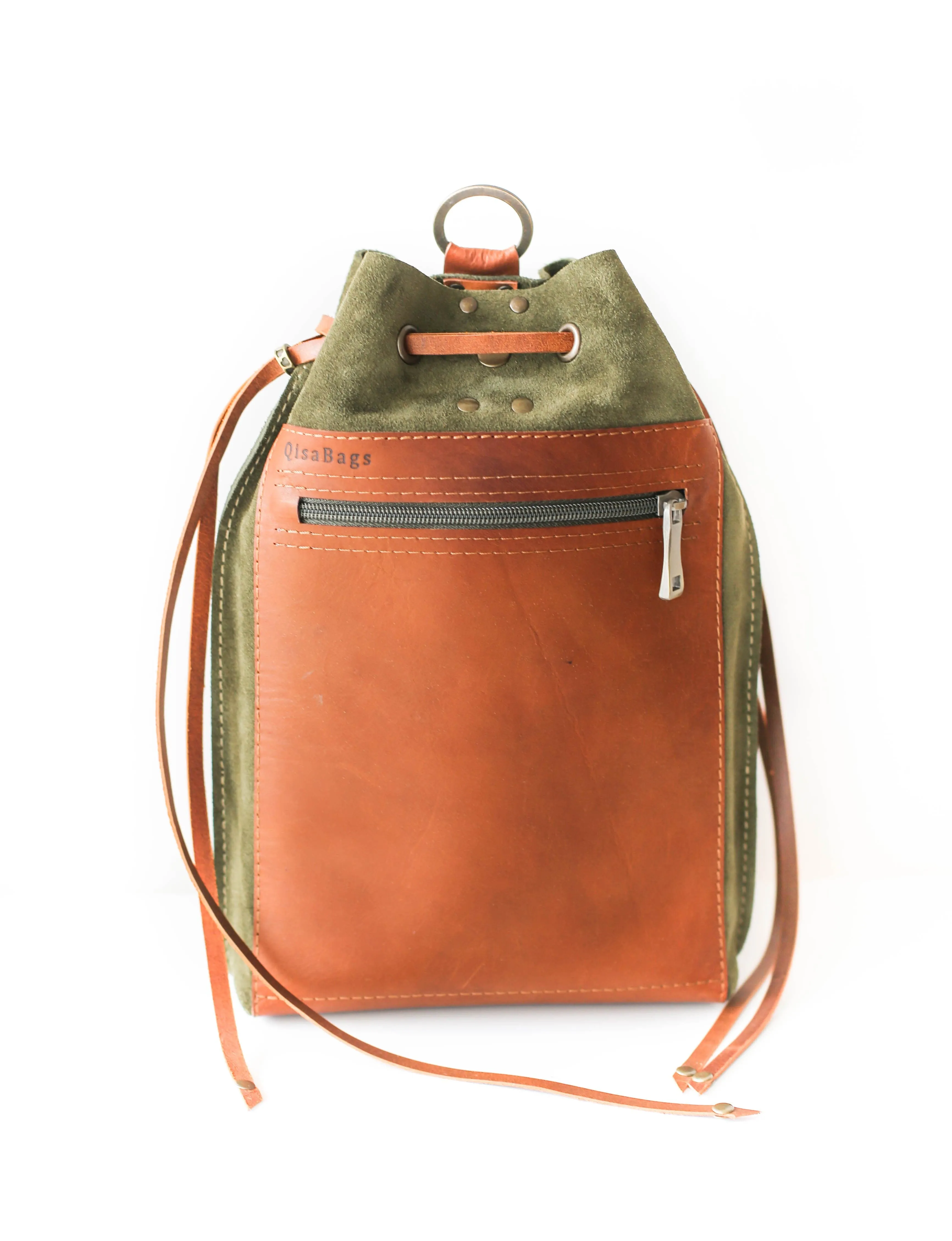 Green Suede Leather Backpack Purse