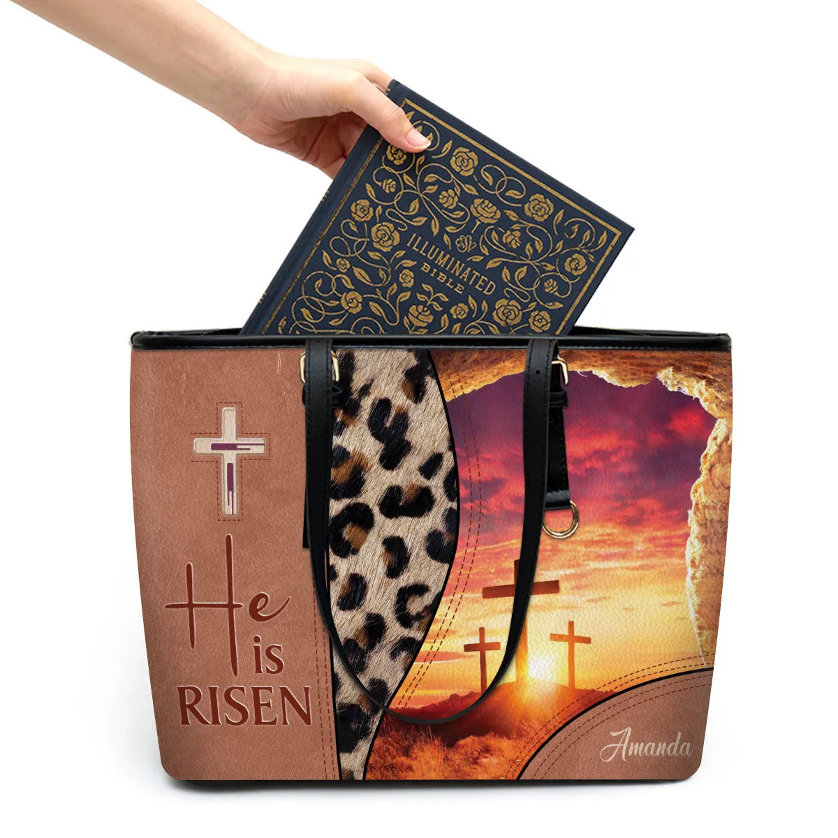 He Is Risen Personalized Cross Large Leather Tote Bag - Christian Inspirational Gifts For Women