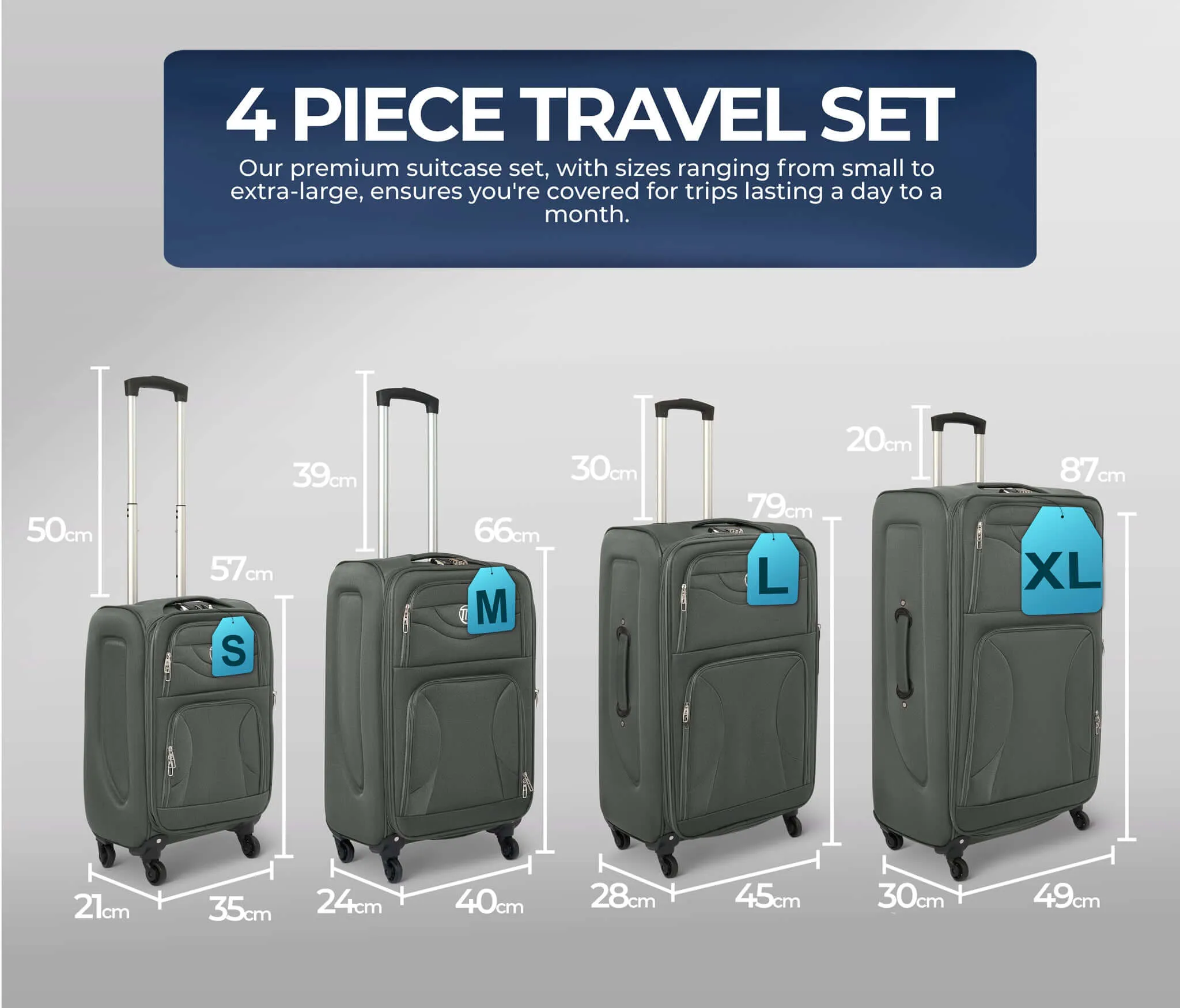 Lightweight Luggage Suitcase 4pcs 360 Wheels - Assorted Colours