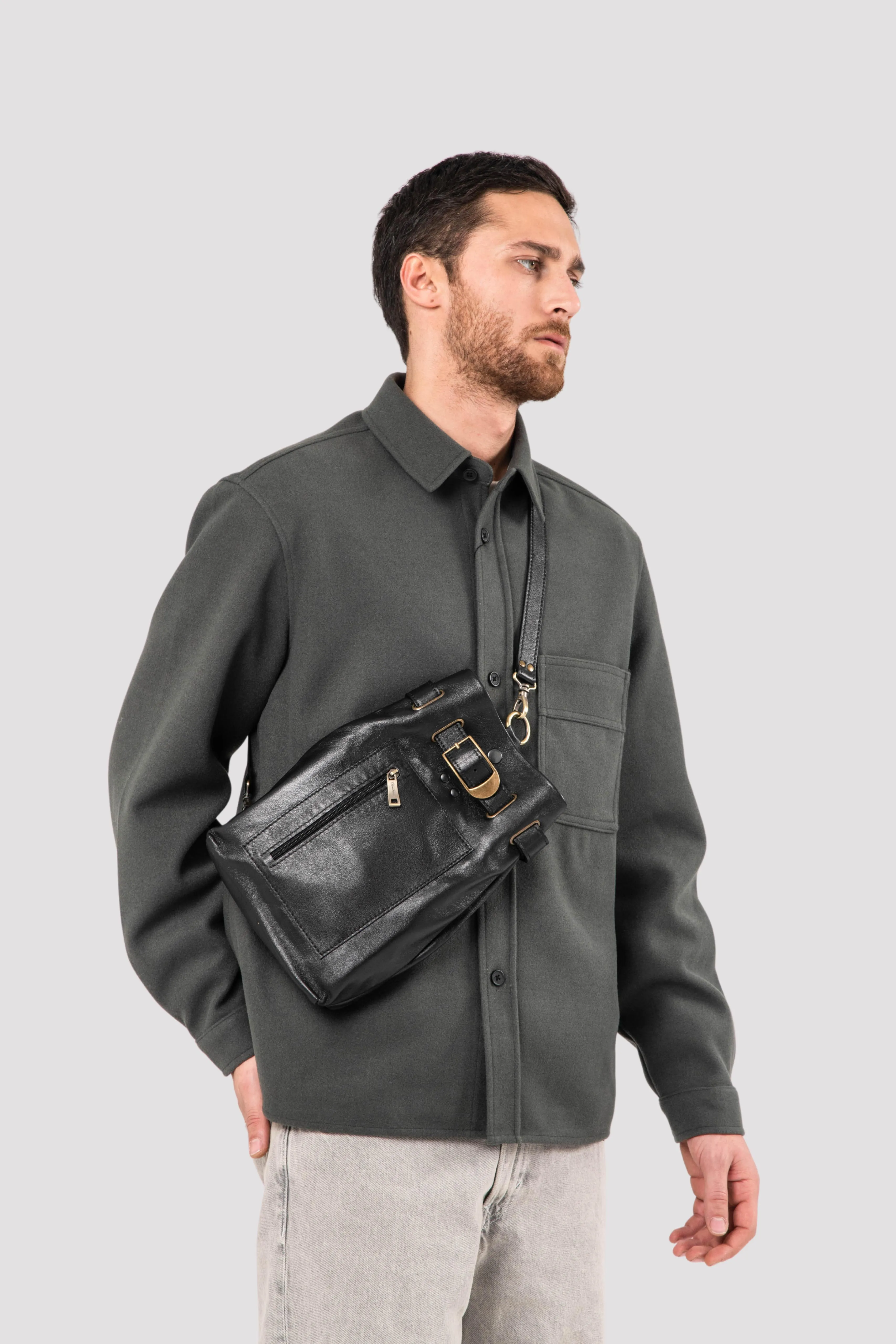 Men's Black Leather Sling Bag