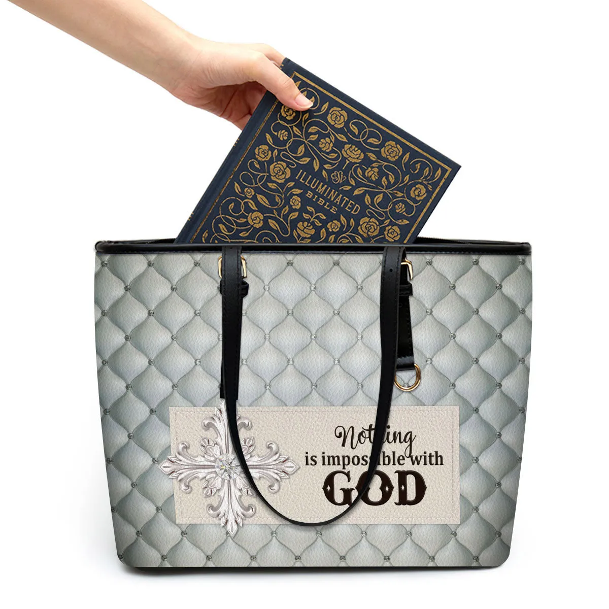 Nothing Is Impossible With God Cross Large Leather Tote Bag - Christ Gifts For Religious Women - Best Mother's Day Gifts