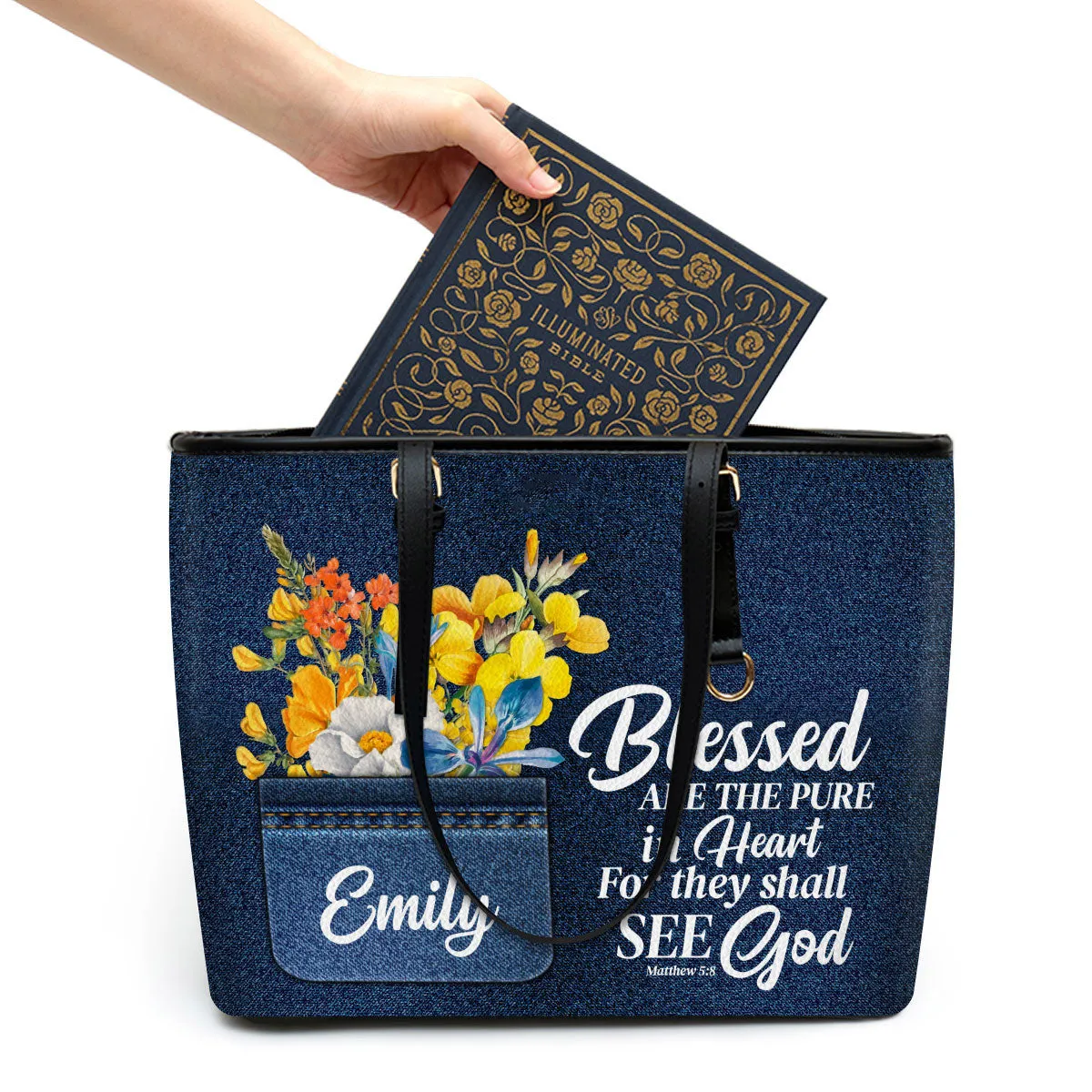 Personalized Large Leather Tote Bag Faith Blessed Are The Pure In Heart Matthew 58 - Spiritual Gifts For Christian Women