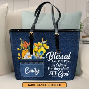 Personalized Large Leather Tote Bag Faith Blessed Are The Pure In Heart Matthew 58 - Spiritual Gifts For Christian Women