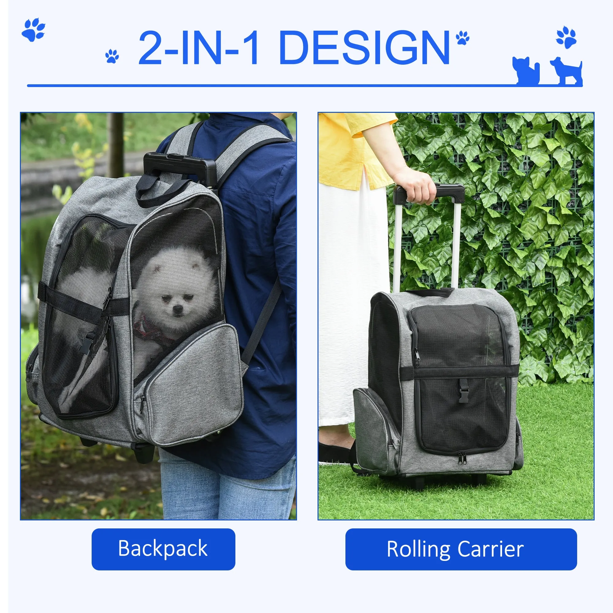 Travel Bag for Dogs Pet Carry Backpack w/ Trolley and Telescopic Handle Portable Stroller Wheel Luggage Bag, Grey