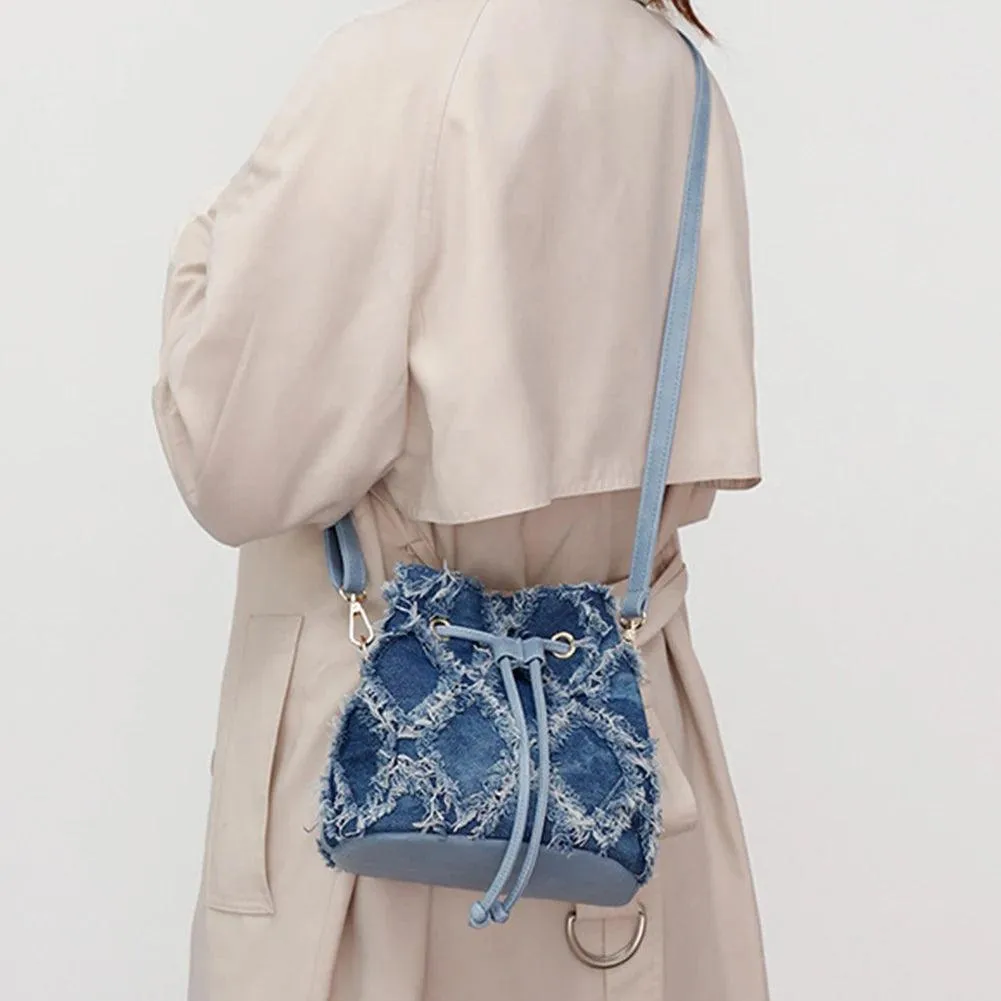 Trendy Denim Bucket Bag with Tassel Detailing