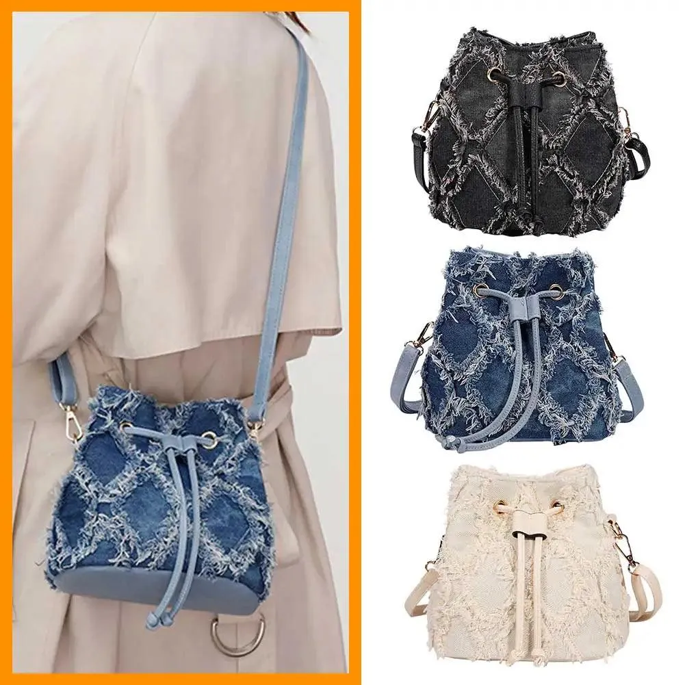 Trendy Denim Bucket Bag with Tassel Detailing